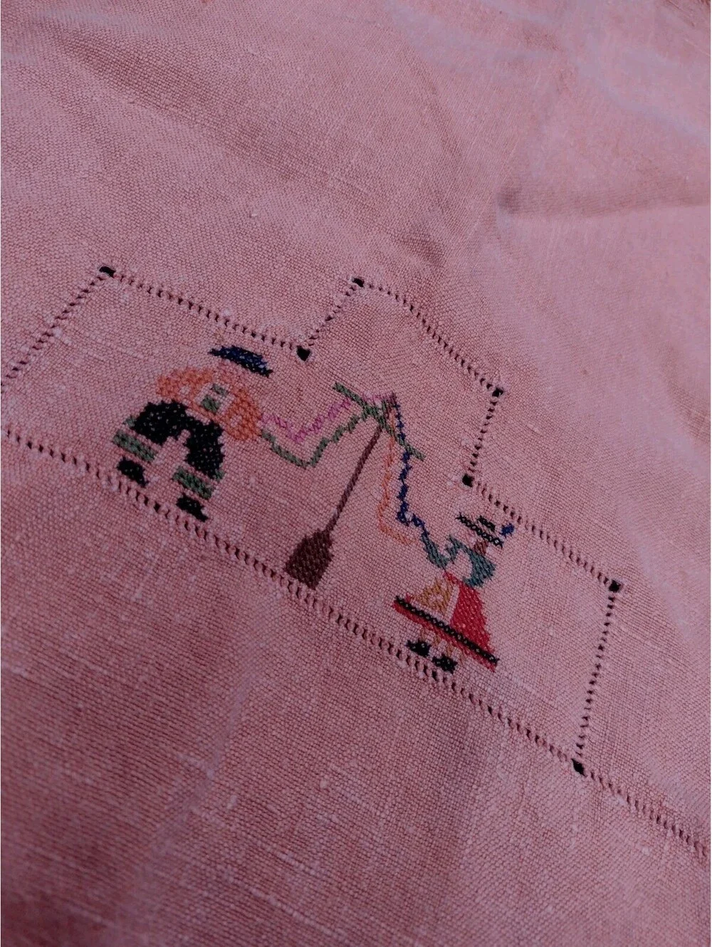Vintage 1940s Maypole Embroidered Table Topper Folk Art Coral 33x36